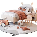 Kids Bed With Deer Antler Headboard Orange Blanket Stuffed Toys Toy Car And Rug