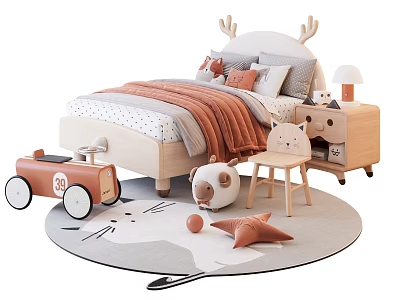 Kids Bed With Deer Antler Headboard Orange Blanket Stuffed Toys Toy Car And Rug 3d model