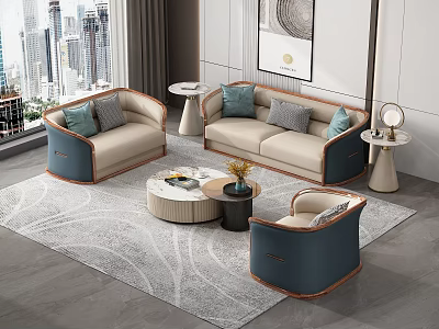 Modern Beige Blue Sofa Coffee Table Set With Accent Pillows Area Rug City View 3d model