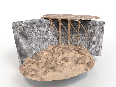 Modern Outdoor Scene With Rocky Structure And Wooden Shelter On Sandy Ground 3d model
