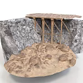 Modern Outdoor Scene With Rocky Structure And Wooden Shelter On Sandy Ground