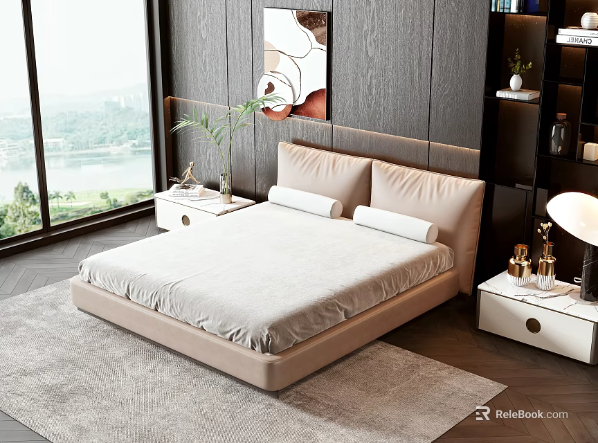 Modern Double Bed With Side Tables Pillows Dark Wooden Headboard Wall Window View And Rug 3d model 