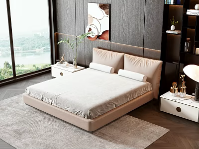 Modern Double Bed With Side Tables Pillows Dark Wooden Headboard Wall Window View And Rug 3d model