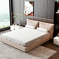 Modern Double Bed With Side Tables Pillows Dark Wooden Headboard Wall Window View And Rug