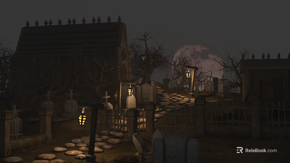 Mysterious Night Garden Landscape With Stone Path Tombstones Lanterns And Full Moon 3d model 