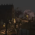 Mysterious Night Garden Landscape With Stone Path Tombstones Lanterns And Full Moon