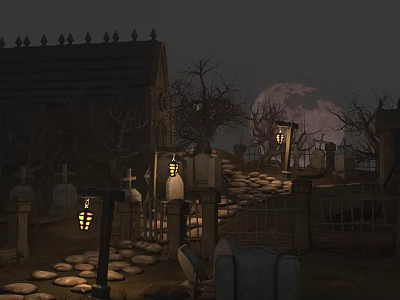 Mysterious Night Garden Landscape With Stone Path Tombstones Lanterns And Full Moon 3d model