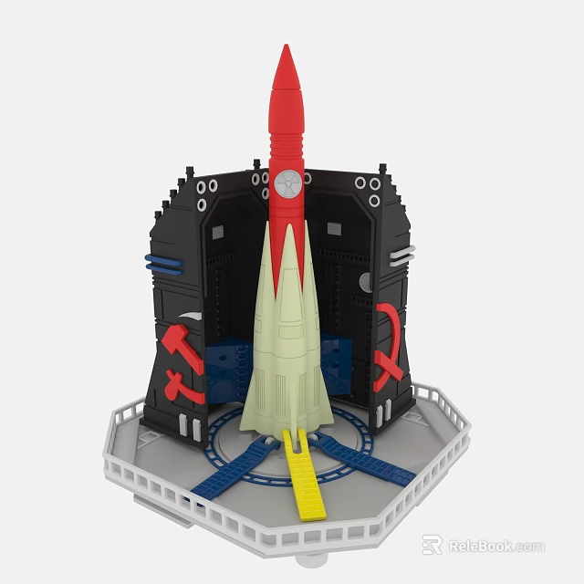 Colorful Toy Rocket Play Set With Red Rocket Yellow Flame And Black Launch Pad 3d model 