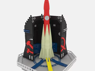 Colorful Toy Rocket Play Set With Red Rocket Yellow Flame And Black Launch Pad 3d model