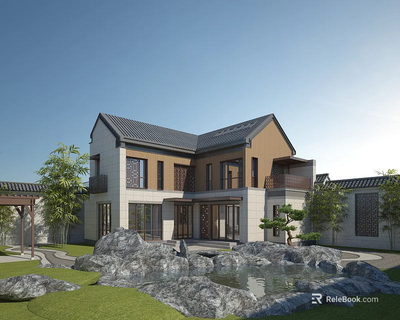 Traditional Chinese Detached Villa With Courtyard Pond Rocks And Greenery 3d model 
