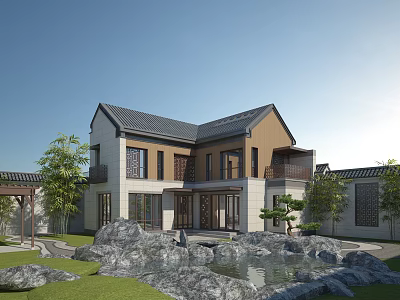 Traditional Chinese Detached Villa With Courtyard Pond Rocks And Greenery 3d model