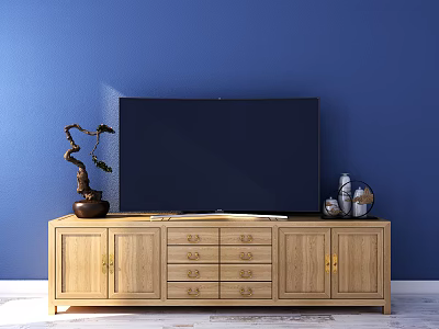 Wooden TV Stand With Cabinet Doors Drawers And Decorative Items On Blue Wall 3d model
