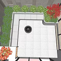 Modern Courtyard Garden with Fire Pit Stepped Seating Lush Greenery Red Blooms and Glass Railings