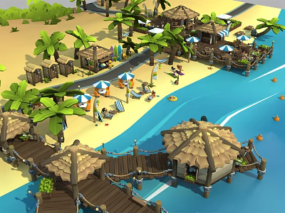 Cartoon Beach Scene With Palm Trees Thatched Huts Wooden Boardwalk Beach Chairs And Blue Water 3d model