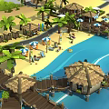Cartoon Beach Scene With Palm Trees Thatched Huts Wooden Boardwalk Beach Chairs And Blue Water