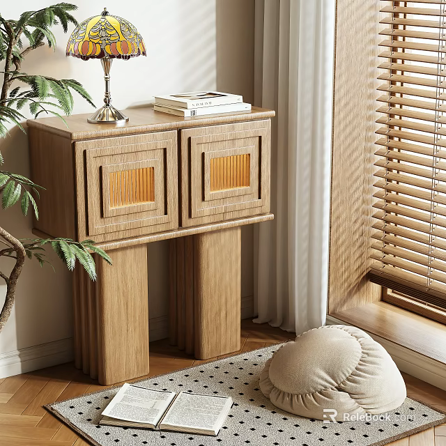 Natural Style Wooden Entryway Cabinet Sideboard With Decorative Doors Lamp And Books 3d model 