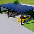 Carport With Black Frame Covering Gray And Yellow Sports Cars Under Blue Sky And Grass