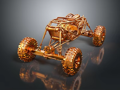 Golden Off Road Car Skeleton With Large Tires Shiny Reflective Surface And Detailed Structure 3d model