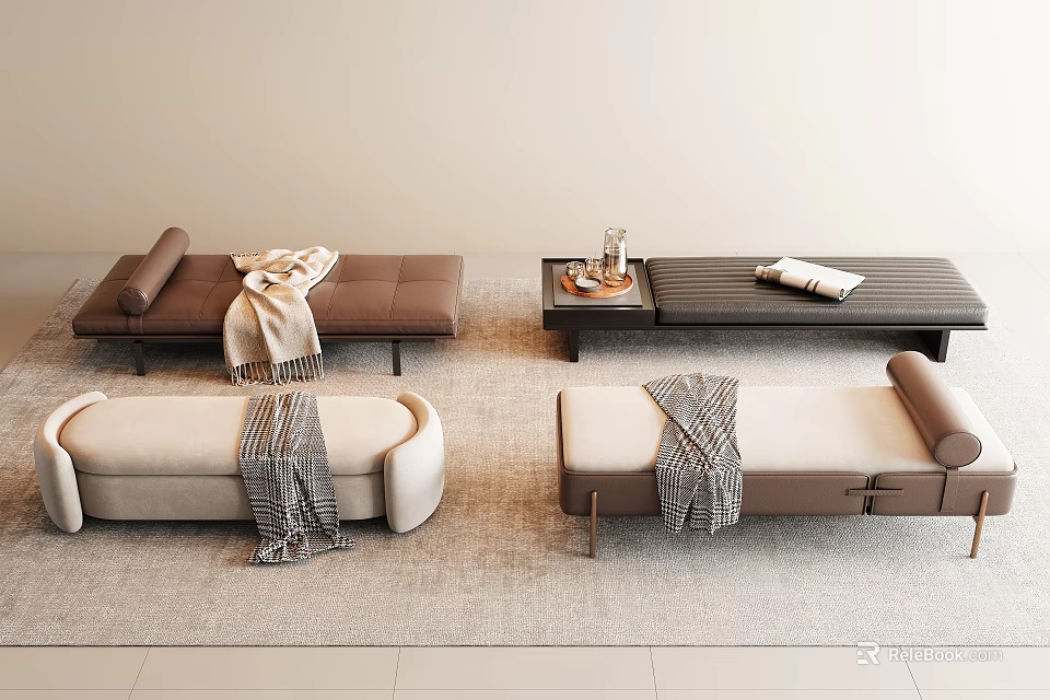 Stylish Bed Benches In Various Designs With Decorative Blankets And Wooden Trays 3d model 