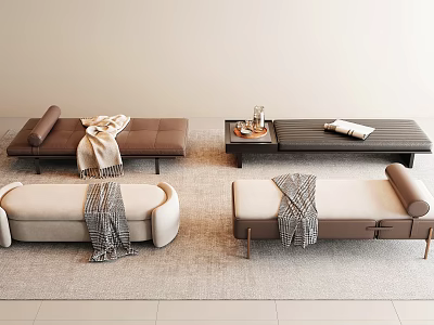 Stylish Bed Benches In Various Designs With Decorative Blankets And Wooden Trays 3d model