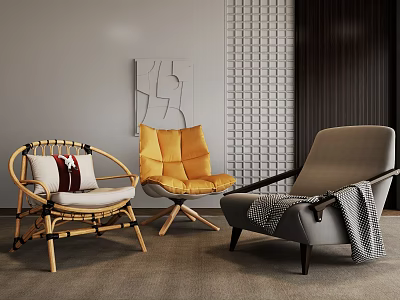 Wicker Yellow And Gray Accent Chairs With Cushions Blanket And Textured Wall Art 3d model