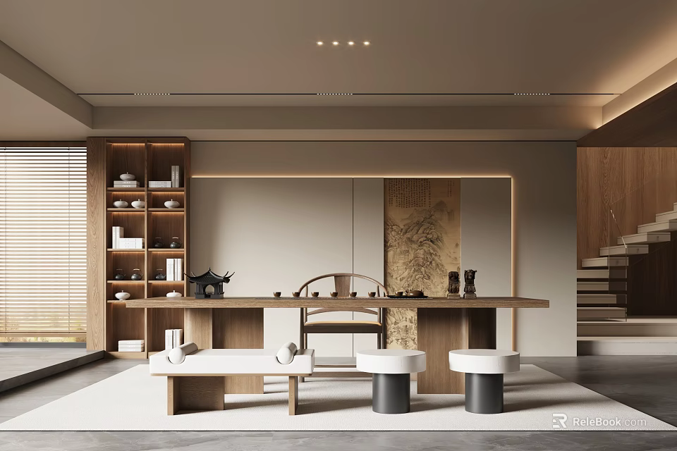 Modern Tea Room With Wooden Bookshelves Long Table Chair And White Round Stools 3d model 