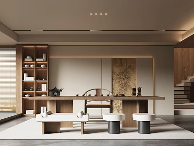 Modern Tea Room With Wooden Bookshelves Long Table Chair And White Round Stools 3d model