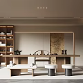 Modern Tea Room With Wooden Bookshelves Long Table Chair And White Round Stools