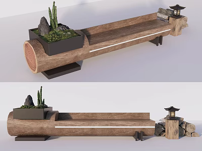 Natural Wooden Log Outdoor Bench With Potted Cactus Small Lantern And Stones Design 3d model