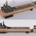 Natural Wooden Log Outdoor Bench With Potted Cactus Small Lantern And Stones Design