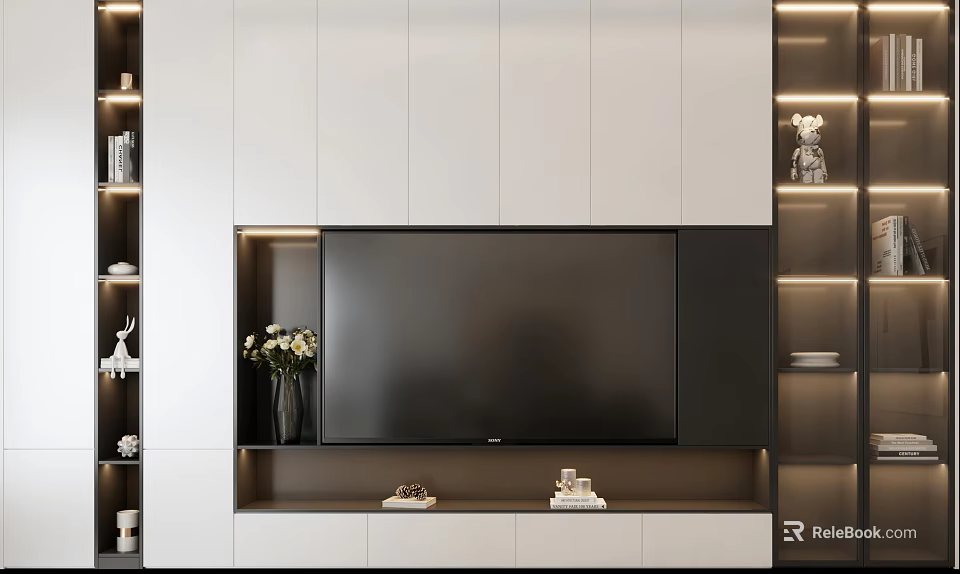 Modern White and Black TV Cabinet with Built-in TV LED Lighting and Decorative Shelves 3d model 