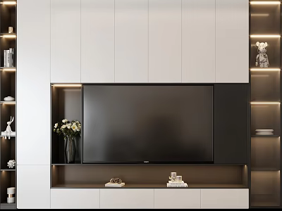 Modern White and Black TV Cabinet with Built-in TV LED Lighting and Decorative Shelves 3d model