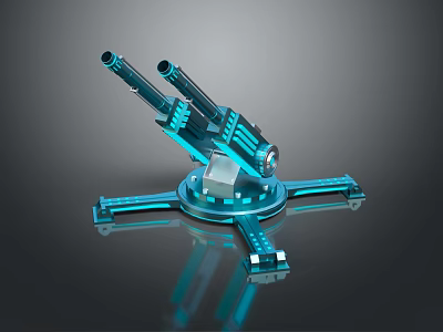 Futuristic Blue Mechanical Turret With Dual Barrels And Rotating Base 3d model