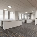Modern Office Interior Featuring Open Workstations Desks Chairs Large Windows Ceiling Lighting And Carpet 3d model