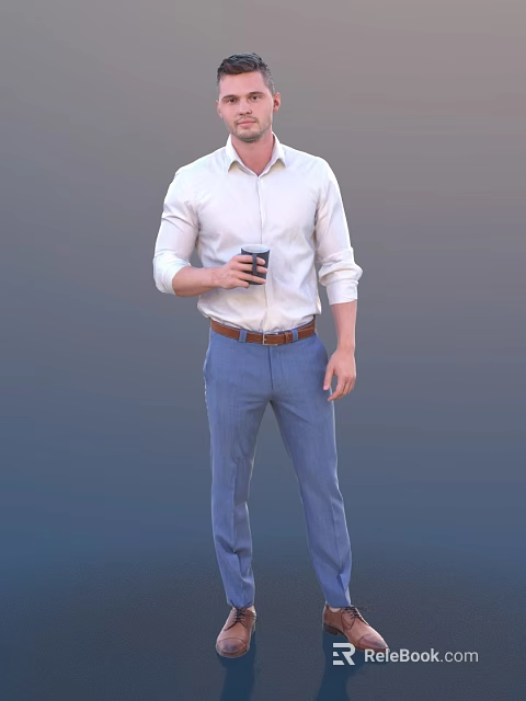 Stylish Man Wearing White Shirt and Blue Pants Holding Coffee Cup Standing with Confident Posture 3d model 