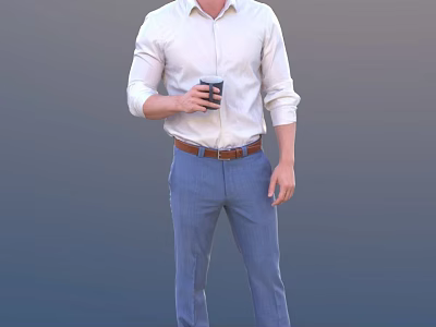 Stylish Man Wearing White Shirt and Blue Pants Holding Coffee Cup Standing with Confident Posture 3d model