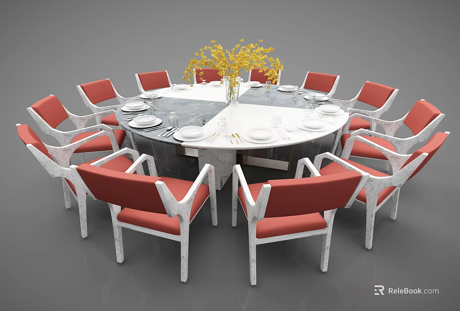 Round Dining Table Set with Red Cushioned Chairs White Frames Yellow Flower Bouquet and Tableware 3d model