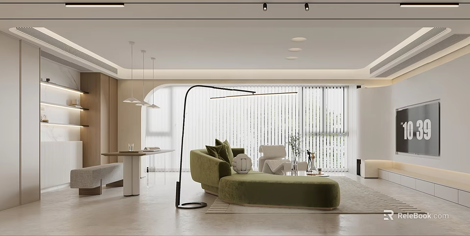 Modern Dining Living Room Interior Design With Green Sofa Floor Lamp And Large Windows 3d model 