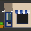 Small Shop Building Featuring Blue White Striped Awnings Blue Door Windows Yellow Planters Green Plants