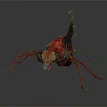 Red Spiked Fantasy Creature With Long Legs On Dark Reflective Surface 3d model
