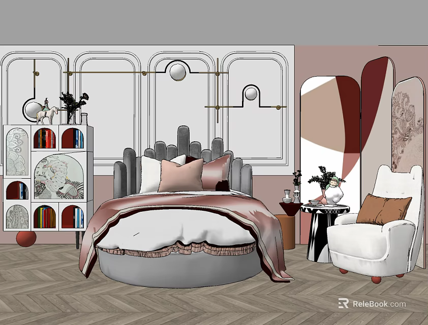 Modern Background Double Bed With Decorative Wall Pillows Bookshelf Armchair And Herringbone Floor 3d model 