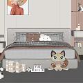 Cozy Kids Bedroom With Gray Headboard Double Bed Pillows Stuffed Toys And Rug