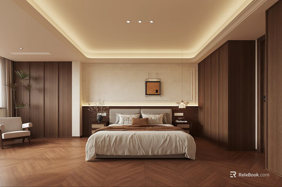 Modern Minimalist Bedroom Interior With Wooden Wardrobes Herringbone Flooring And Cove Lighting 3d model 
