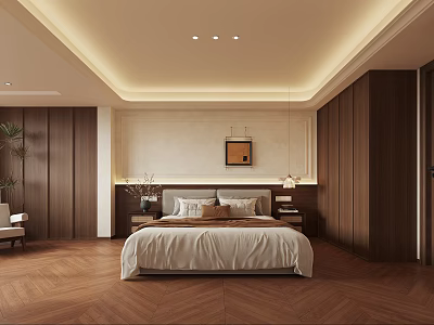 Modern Minimalist Bedroom Interior With Wooden Wardrobes Herringbone Flooring And Cove Lighting 3d model