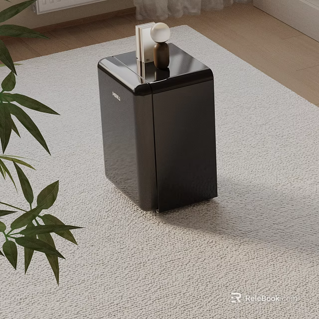 Sleek Modern Black Nightstand With Smooth Surface Wooden Decor And Green Plant 3d model 