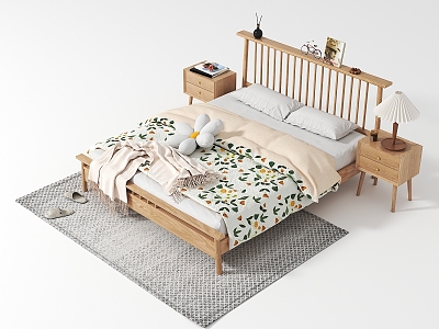 Nordic Double Bed Solid Wood Double Bed Combination 3d model