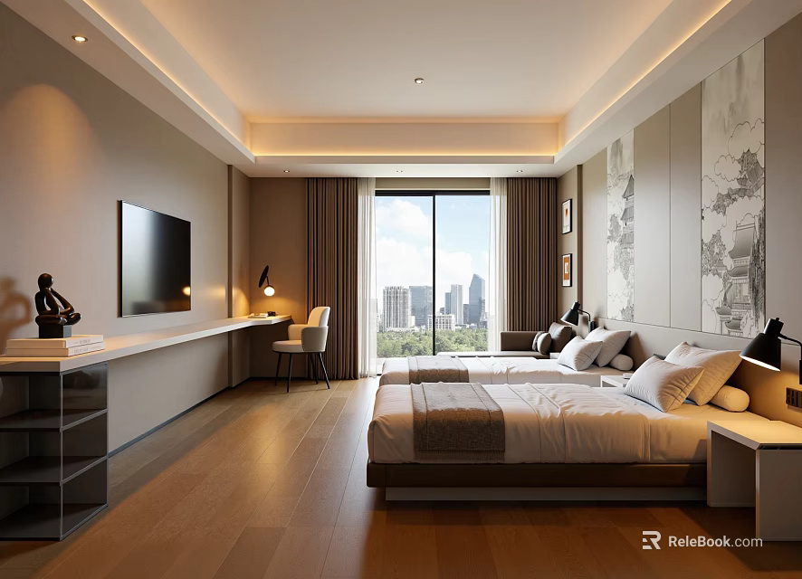 Modern Hotel Guest Room With Twin Beds City View Flat Screen TV And Wall Art 3d model 