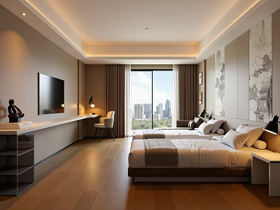 Modern Hotel Guest Room With Twin Beds City View Flat Screen TV And Wall Art 3d model