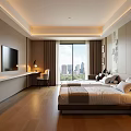 Modern Hotel Guest Room With Twin Beds City View Flat Screen TV And Wall Art