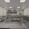 Commercial Catering Kitchen Interior With Stainless Steel Worktables Sink Areas And Refrigerators